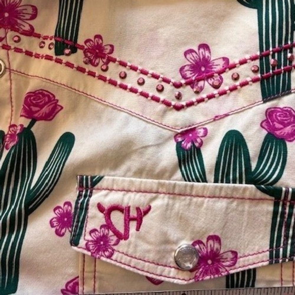 Cowgirl Hardware Cactus Floral Pearl Snap Western Shirt Pink Rhinestone Womens L - Picture 5 of 9
